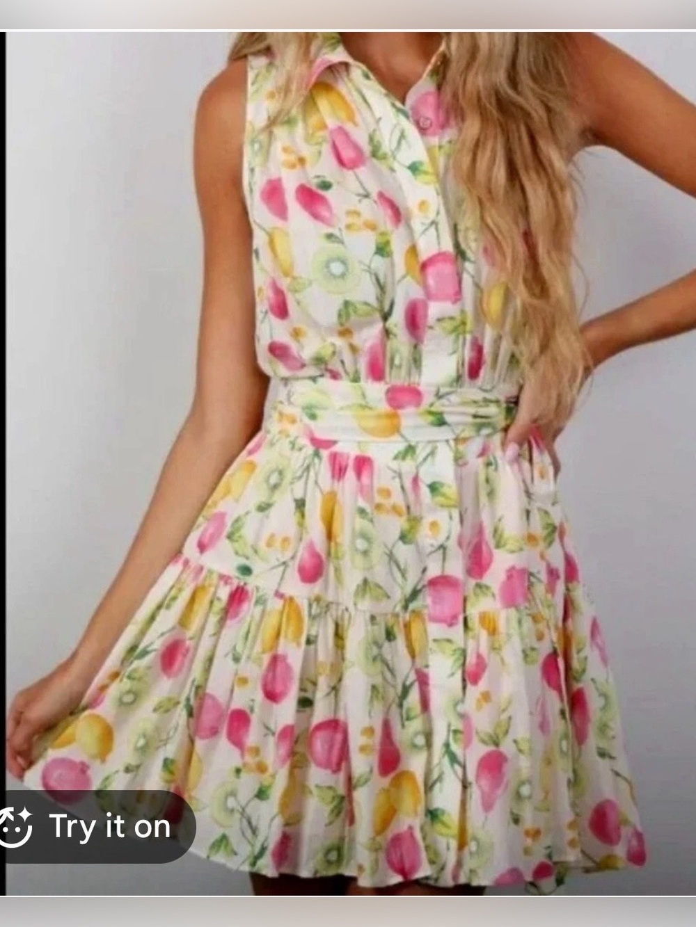 Cynthia Rowley NWT Fruit Print Sleeveless Belted Tiered Shirt Dress Size 10 - Picture 3 of 3